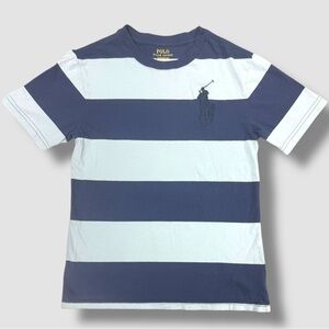Polo Ralph Lauren Boys Bug Pong Rugby Lines Striped Shirt Light Blue Navy Small